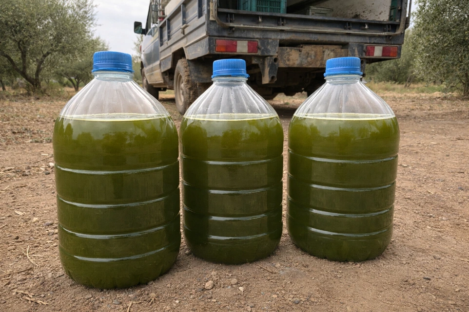 Golden olive oil flowing from the press during production.